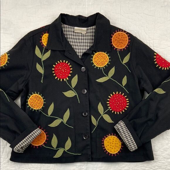 Vintage Coldwater Creek Sunflower Embroidered Black Jacket size Large - Picture 1 of 8